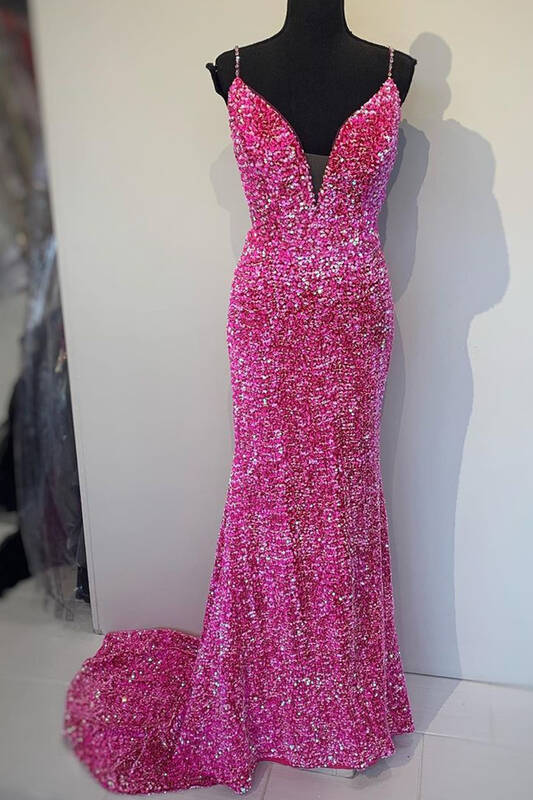 Formal Dress Websites, Sparkle Mermaid Hot Pink Long Prom Dress