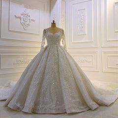 Wedding Dress Website, Sparkle 3D Lace Appliques Long Sleevess Church Train Wedding Dress
