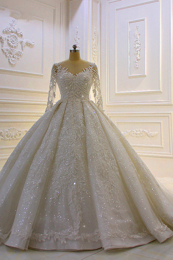 Wedding Dresses Website, Sparkle 3D Lace Appliques Long Sleevess Church Train Wedding Dress