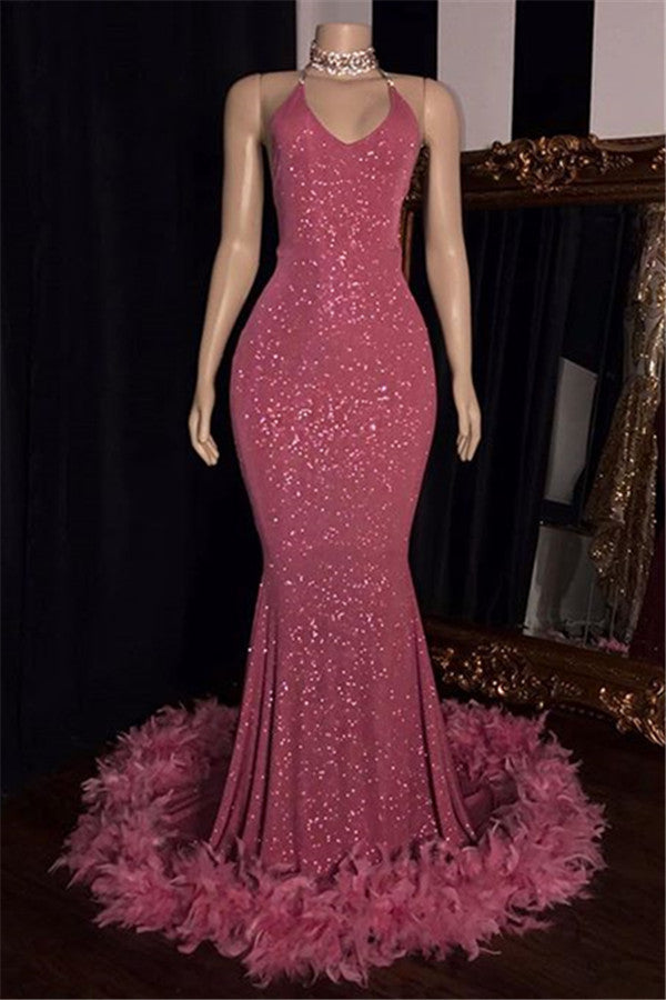 Prom Dresses Sleeve, 2024 Charming Mermaid Prom Dresses, Hot Pink Sequence With Feathers Halter Backless