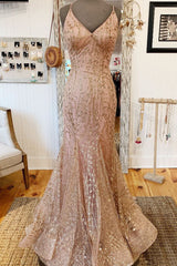 Party Dresses Stores, Mermaid V-Neck Rose Gold Long Prom Dress with Criss Cross Back