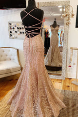 Party Dress Stores, Mermaid V-Neck Rose Gold Long Prom Dress with Criss Cross Back