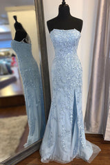 Party Dress Styles, Elegant Strapless Mermaid Sky Blue Long Lace Prom Dress with Slit