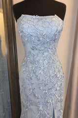 Party Dress Inspiration, Elegant Strapless Mermaid Sky Blue Long Lace Prom Dress with Slit