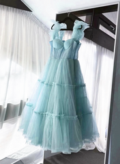 Homecoming, Light Blue Tulle Straps Long Party Dress Evening Dress, Light Blue A-Line Prom Dress