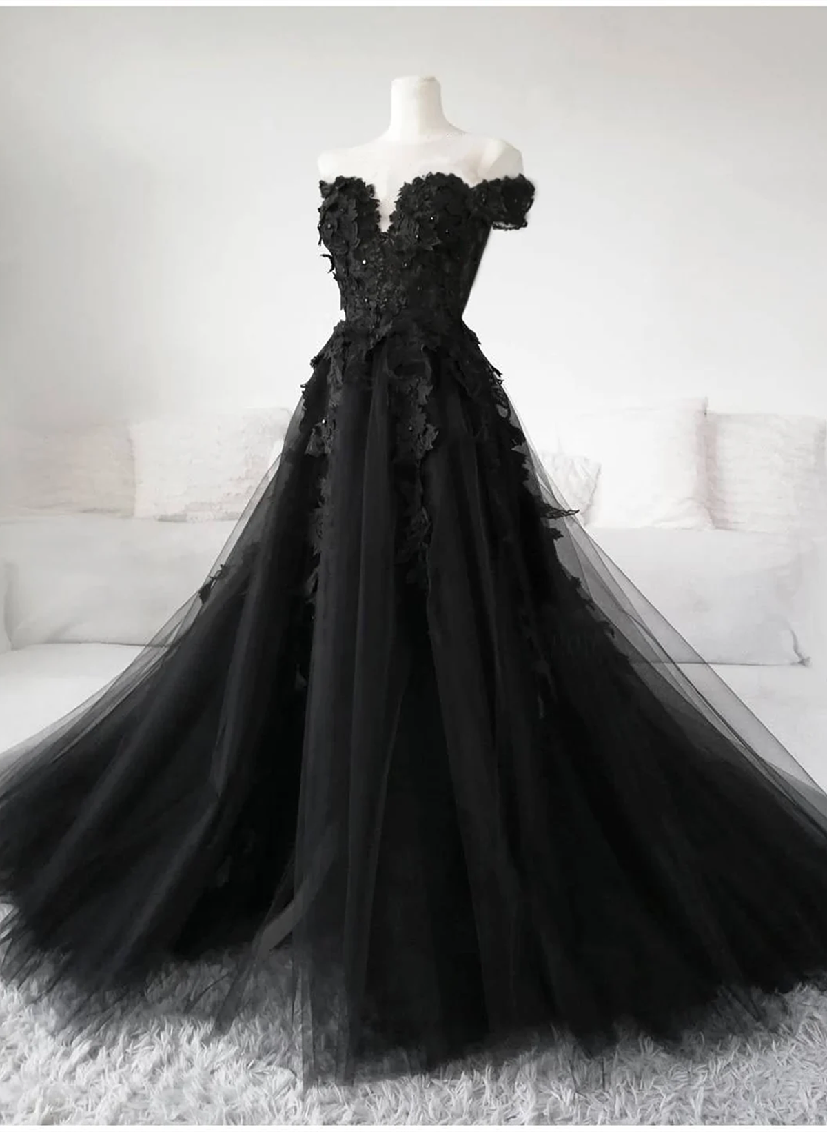 Slip Dress Outfit, Black Off Shoulder Tulle Long Evening Dress Prom Dress, Black Lace Formal Dress