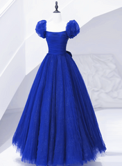 Cocktail Dress Prom, Royal Blue Scoop Tulle Short Sleeves Long Prom Dress, Royal Blue A-Line Party Dress