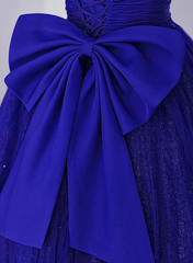 Debutant Dress, Royal Blue Scoop Tulle Short Sleeves Long Prom Dress, Royal Blue A-Line Party Dress