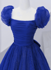 Prom Inspo, Royal Blue Scoop Tulle Short Sleeves Long Prom Dress, Royal Blue A-Line Party Dress