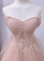 Formal Dress Styles, Pink Sweetheart Tulle Beaded Long Party Dress, Pink Tulle Prom Dress Evening Dress
