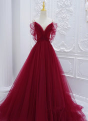 Graduation Outfit, Wine Red Tulle V-Neckline Off Shoulder With Bow, Wine Red Tulle Long Prom Dress