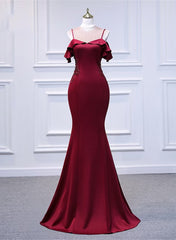 Party Dress Midi With Sleeves, Wine Red Mermaid Sweetheart Straps Long Formal Dress, Wine Red Prom Dress