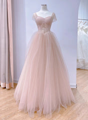 Formal Dressing Style, Pink Sweetheart Tulle Beaded Long Party Dress, Pink Tulle Prom Dress Evening Dress