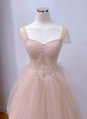 Formal Dress Style, Pink Sweetheart Tulle Beaded Long Party Dress, Pink Tulle Prom Dress Evening Dress