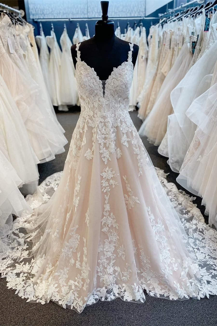 Wedding Dress Under, Ivory V-Neck Appliqued Long Wedding Dress