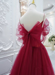 Gown Dress Elegant, Wine Red Tulle V-Neckline Off Shoulder With Bow, Wine Red Tulle Long Prom Dress