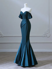 Yksinkertainen olkapään satiini muste sininen pitkä prom -mekko, musteen sininen pitkä muodollinen mekko