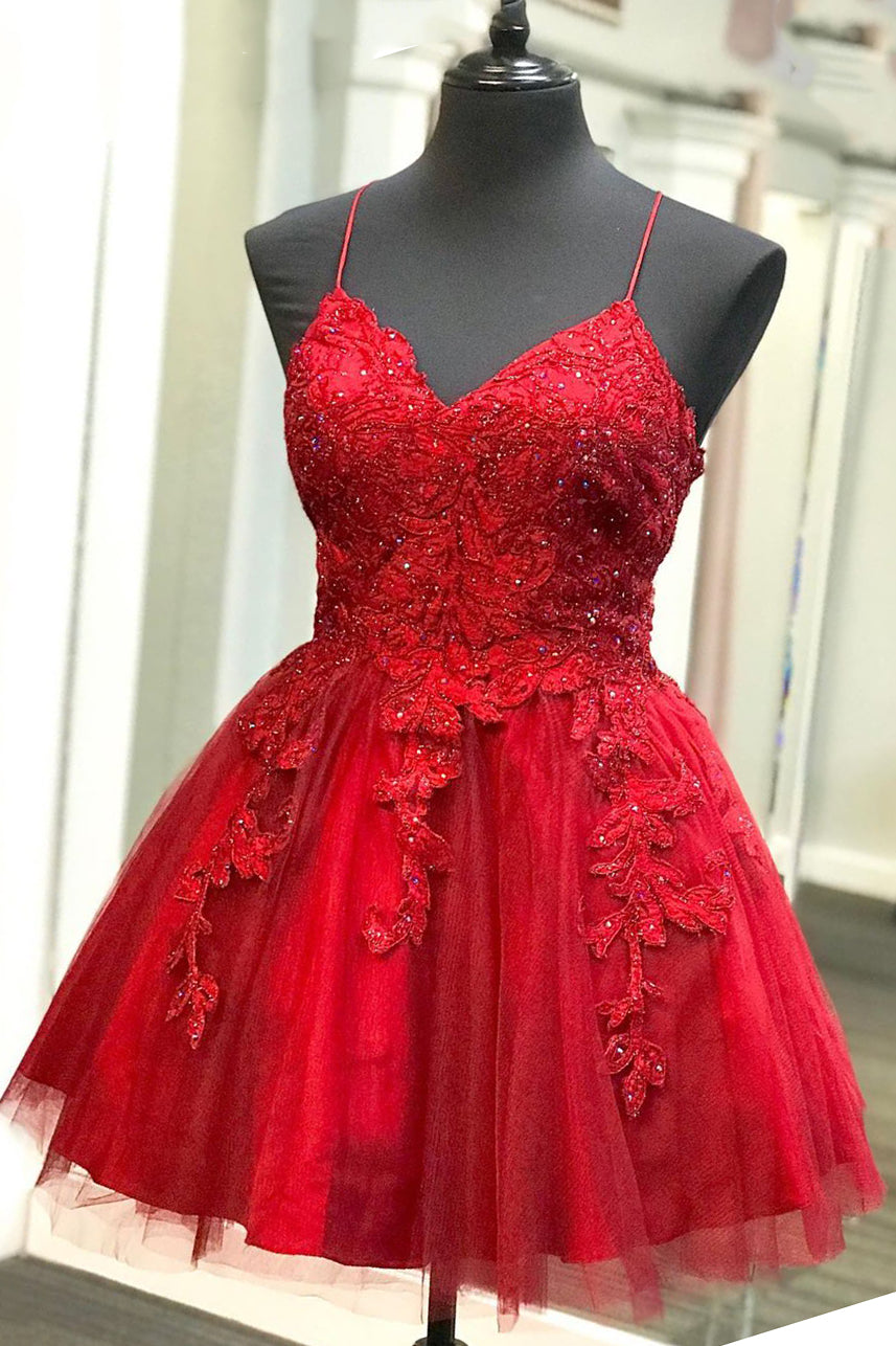Party Dress Dress Up, Strappy Lace Appliqued Red Short Homecoming Dress