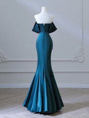 Yksinkertainen olkapään satiini muste sininen pitkä prom -mekko, musteen sininen pitkä muodollinen mekko