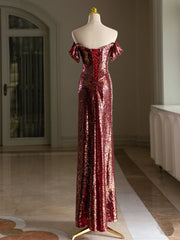 Simple Off Shoulder Sequin Borgoña Borgoña Long Dress, Borgoña Long Tight Dress