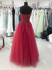 Formal Dresses Cheap, Wine Red Tulle Straps Lace Applique Long Formal Dress, Wine Red Prom Dress