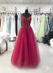 Formal Dresses Short, Wine Red Tulle Straps Lace Applique Long Formal Dress, Wine Red Prom Dress