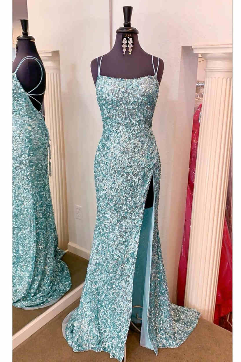 Party Dress In Store, Sparkle Tiffany Blue Sequins Long Prom Dress with Slit