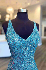 Bridal Dress, Glitter V-Neck Tiffany Blue Mermaid Prom Dreess