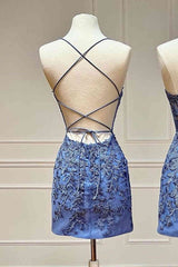 Party Dress On Sale, Tie Back Blue Appliqued Bodycon Homecoming Dress