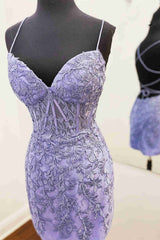 Party Dresses Formal, Tie Back Blue Appliqued Bodycon Homecoming Dress