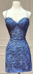 Party Dresses On Sale, Tie Back Blue Appliqued Bodycon Homecoming Dress