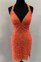 Blue Bridesmaid Dress, Halter Orange Sequins Bodycon Homecoming Dress with Tassel