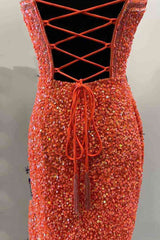 Fall Wedding Color, Halter Orange Sequins Bodycon Homecoming Dress with Tassel