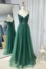 Bridesmaid Dresses Dark, Hunter Green A-line Beaded Applique Straps Tulle Long Prom Dress