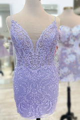 Party Dresses Short, Plunging Neck Lavender Embroidery Bodycon Homecoming Dress