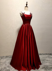 Sun Dress, Wine Red Satin Straps Round Neckline Party Dress, Wine Red Long Prom Dress