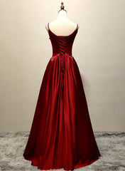 Ranch Dress, Wine Red Satin Straps Round Neckline Party Dress, Wine Red Long Prom Dress