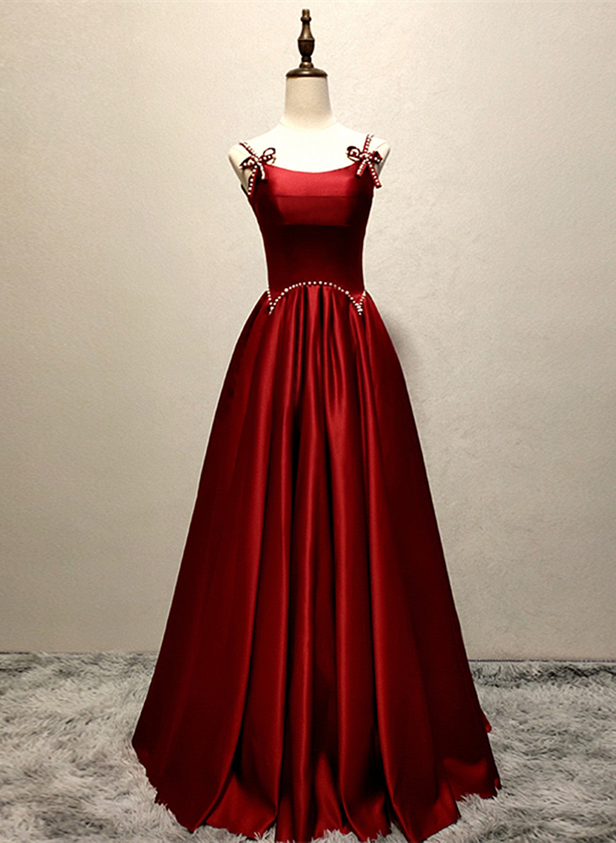 Gown Dress, Wine Red Satin Straps Round Neckline Party Dress, Wine Red Long Prom Dress