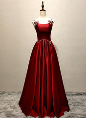 Gown Dress, Wine Red Satin Straps Round Neckline Party Dress, Wine Red Long Prom Dress