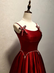 Homemade Ranch Dress, Wine Red Satin Straps Round Neckline Party Dress, Wine Red Long Prom Dress