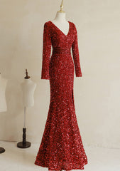 Formal Dresses Vintage, Wine Red Long Sleeves Mermaid Long Formal Dress, Wine Red Prom Dress