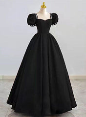 Dress Ideas, Black Sweetheart Short Sleeves Beaded Party Dress, A-Line Black Satin Prom Dress
