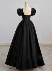 Tulle Dress, Black Sweetheart Short Sleeves Beaded Party Dress, A-Line Black Satin Prom Dress