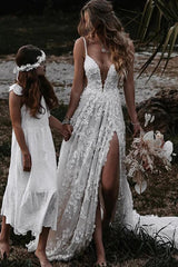 A-Line V Neck spetsklänning med delad bröllopsklänning