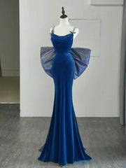 सिंपल वेलवेट ब्लू मरमेड लॉन्ग प्रोम ड्रेस, बैकलेस वेलवेट ब्लू इवनिंग ड्रेस