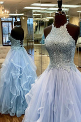 Baby blå prom klänning en linje halter lång fest aftonklänning med applikationer öppen rygg