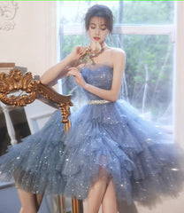ब्लू ट्यूल सेक्विन शॉर्ट होमकमिंग ड्रेस पार्टी ड्रेस