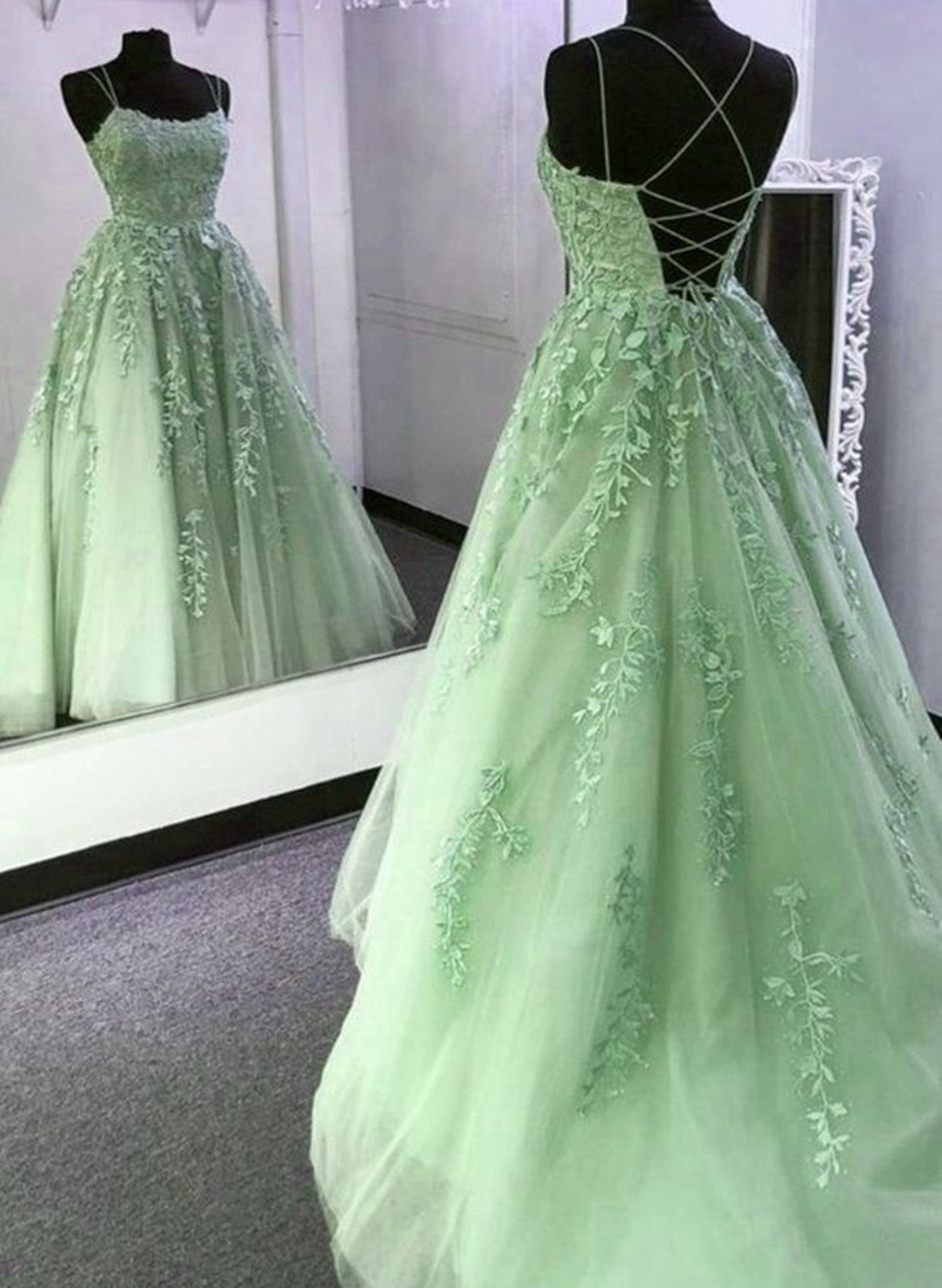 Party Outfit Night, Sage Green Straps Tulle With Lace Train Long Prom Dress, Sage Green Party Dress