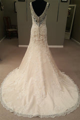 Party Dresses Cheap, Mermaid Long Champagne Bridal Dress with Lace