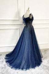 Темно -синий тюль блески платья с длинными выпускными платьями
